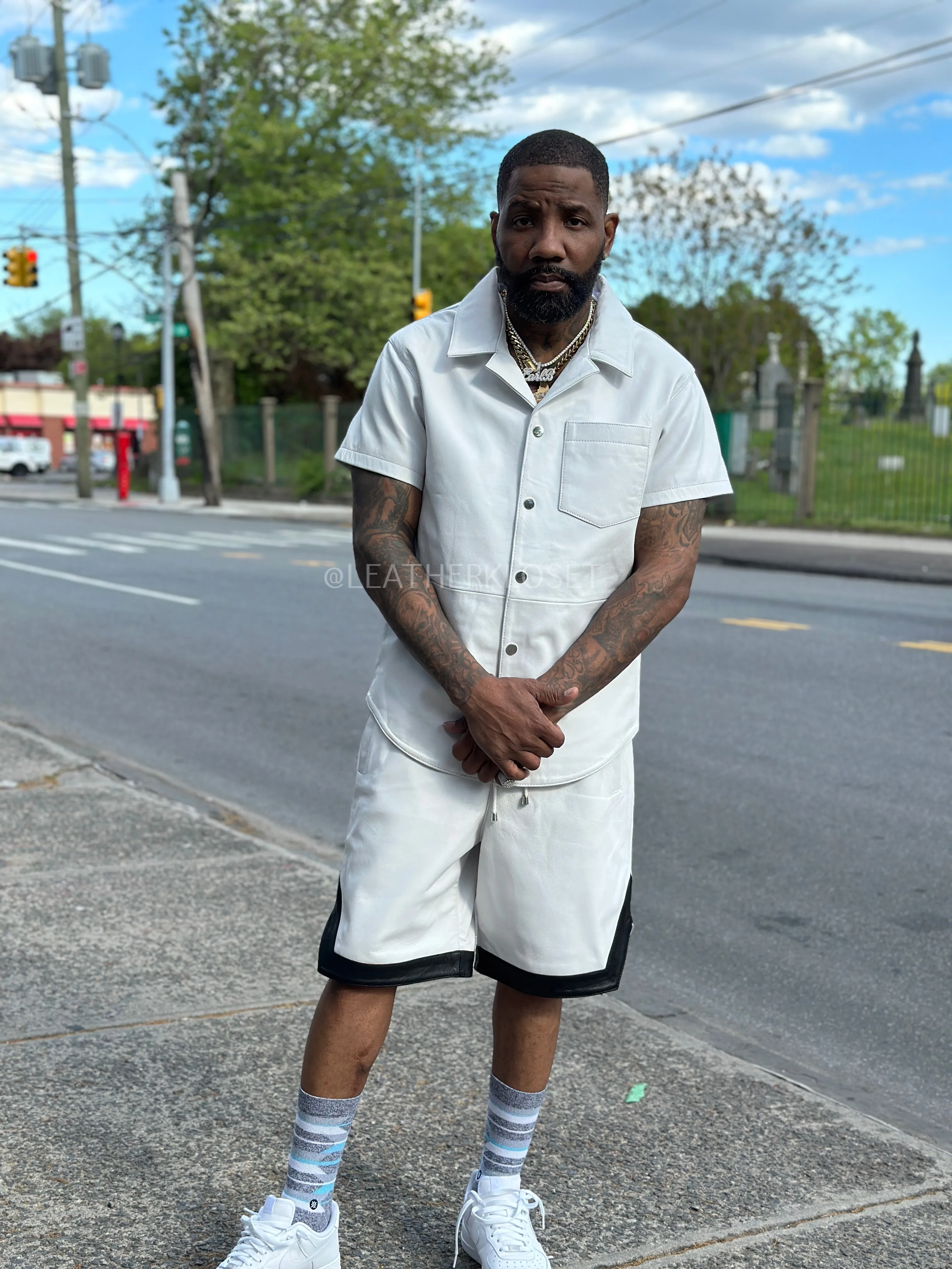 Men's Summer In Miami Leather Shirt And Shorts Set [White]