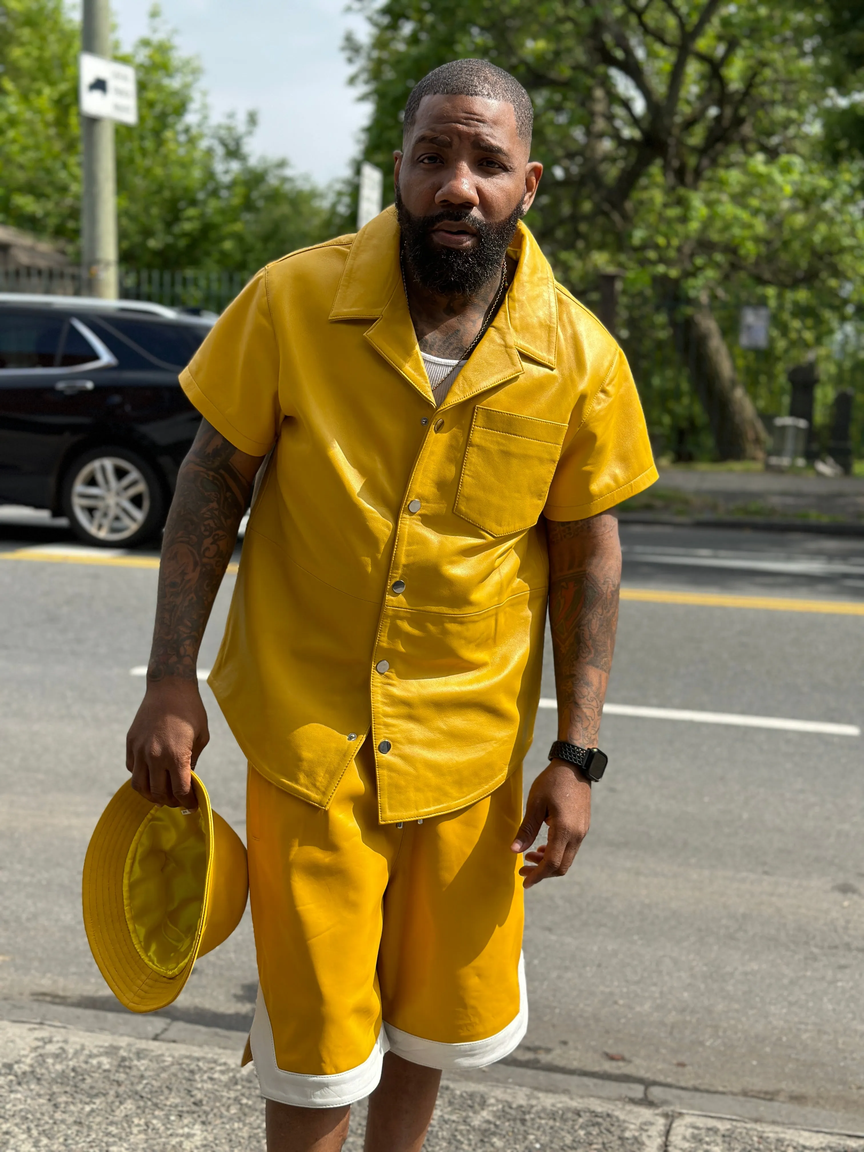 Men's Summer In Miami Leather Shirt And Shorts Set [Yellow]