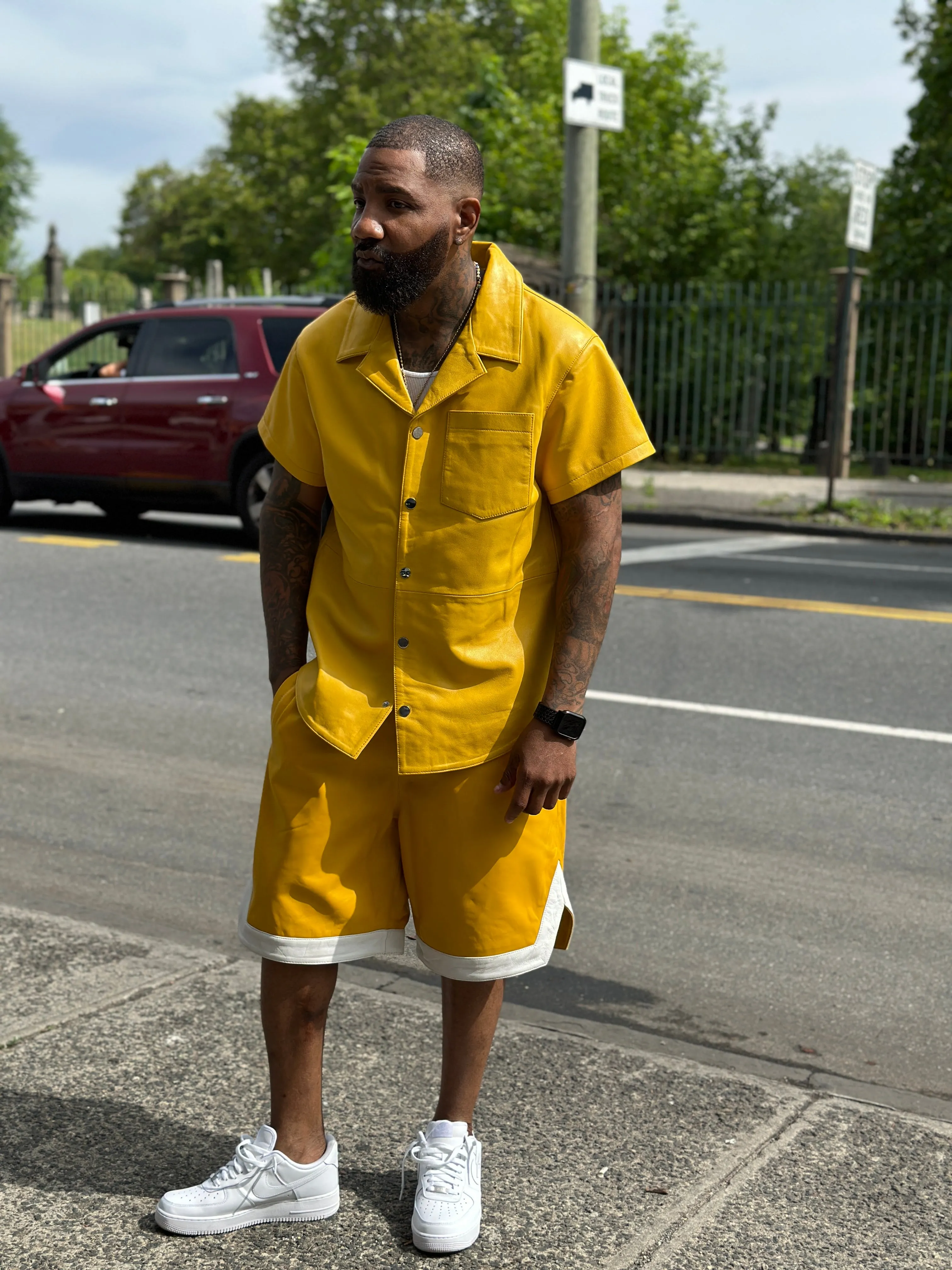 Men's Summer In Miami Leather Shirt And Shorts Set [Yellow]