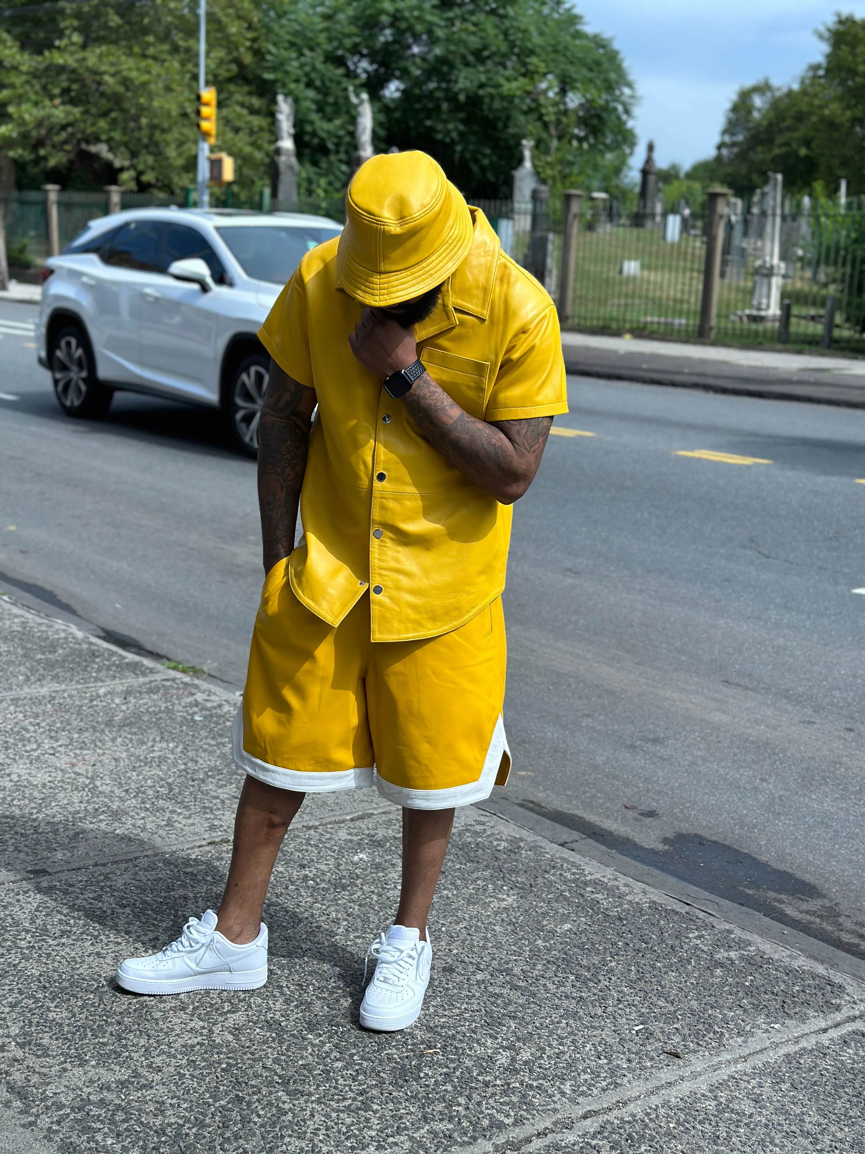 Men's Summer In Miami Leather Shirt And Shorts Set [Yellow]