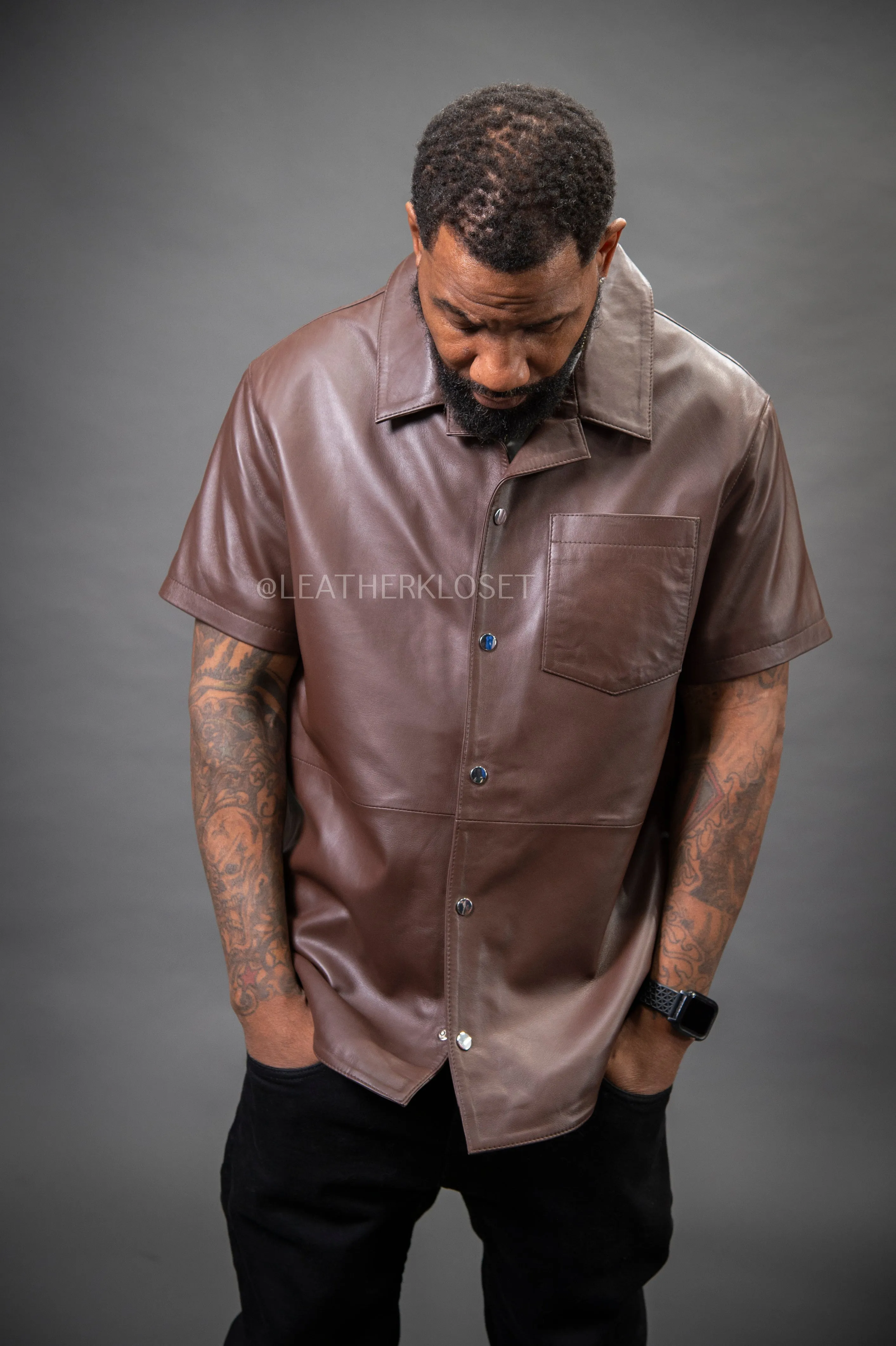 Men's Summer In Miami Luka Leather Short Sleeve Shirt [Chocolate]