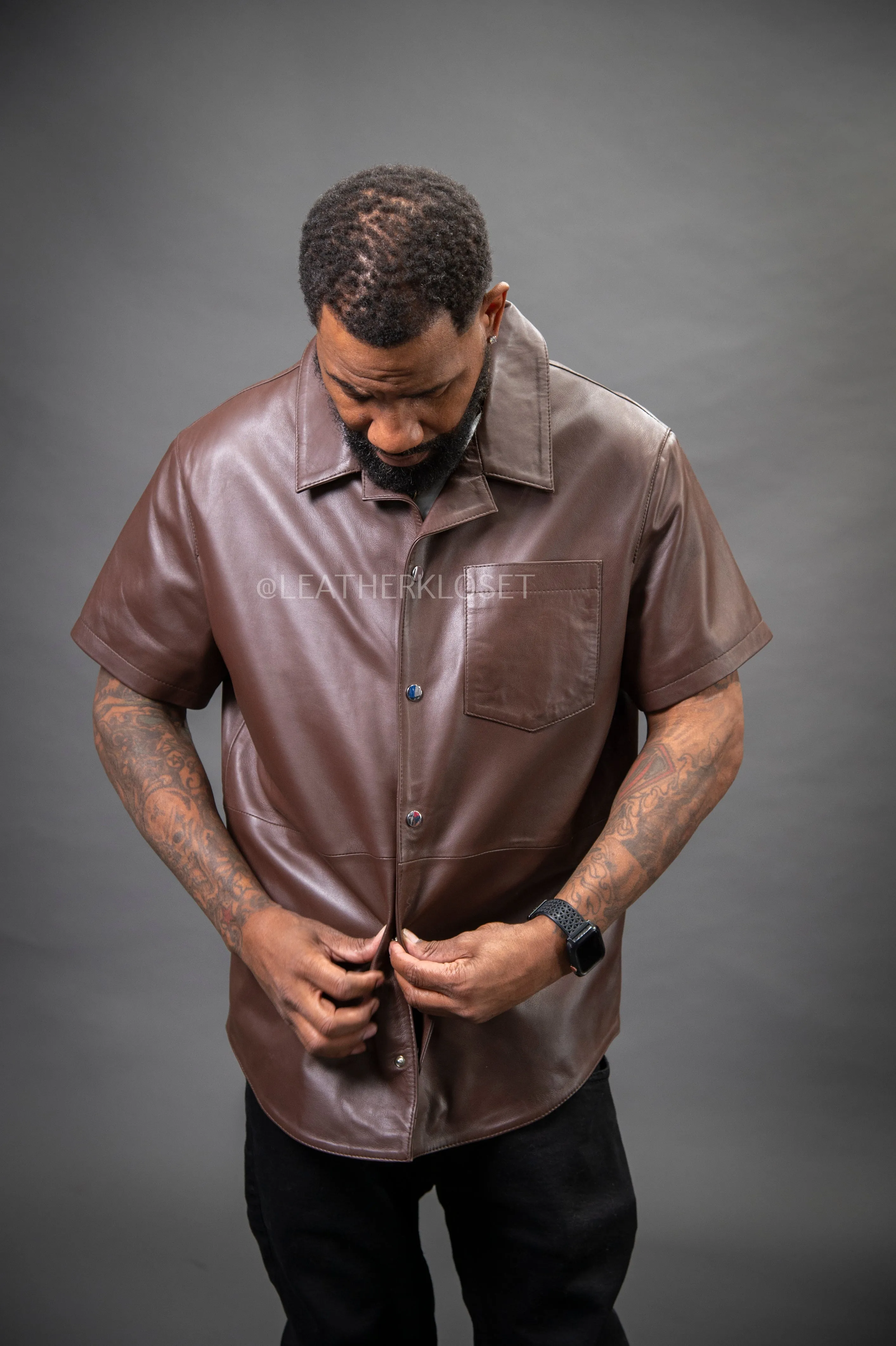 Men's Summer In Miami Luka Leather Short Sleeve Shirt [Chocolate]