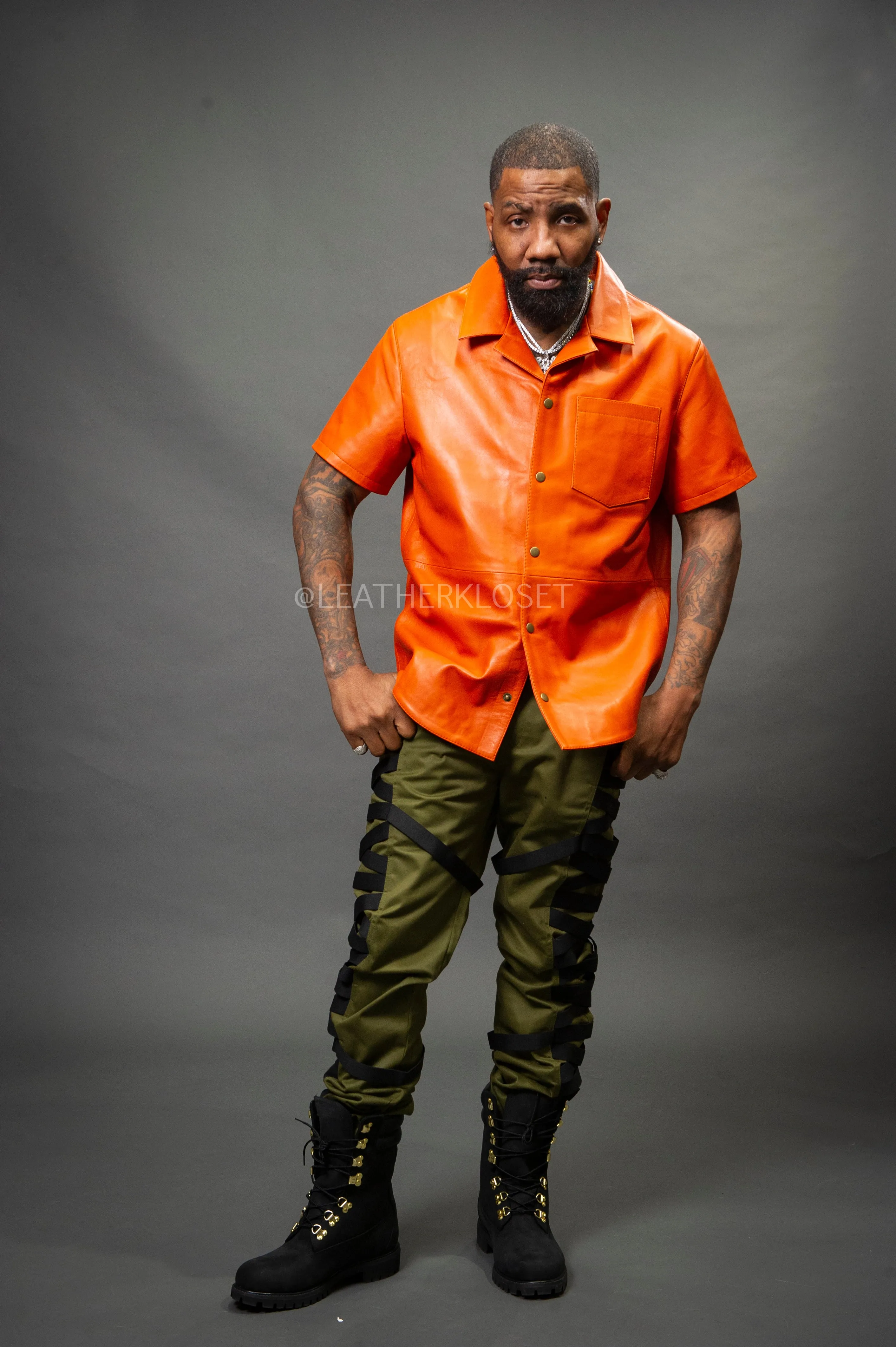 Men's Summer In Miami Luka Leather Short Sleeve Shirt [Orange]