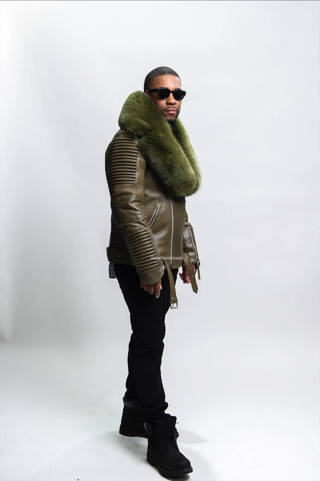 Men's Trey Biker Olive Green Leather Full Fox Fur Collar [Olive Fox]