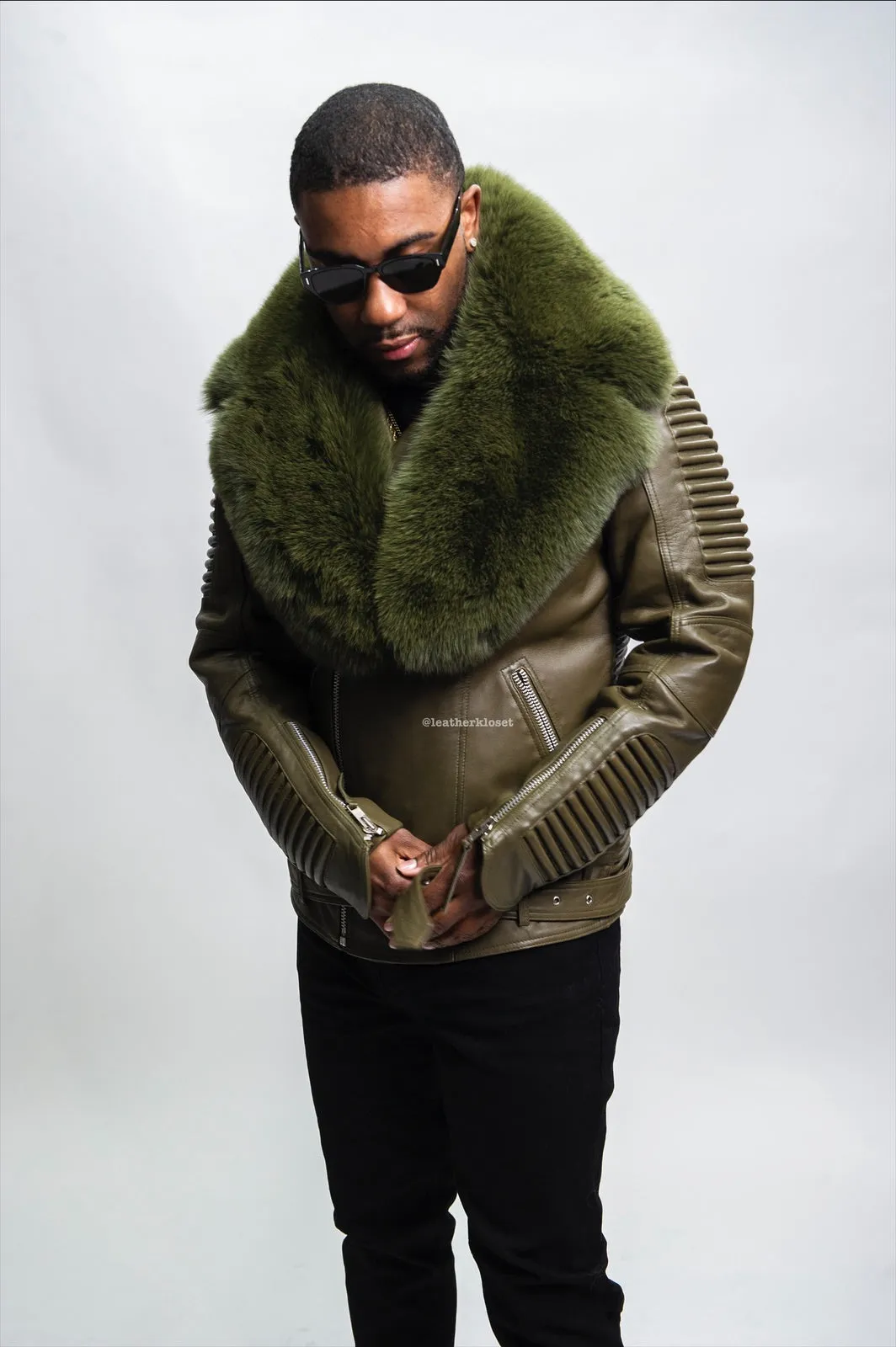 Men's Trey Biker Olive Green Leather Full Fox Fur Collar [Olive Fox]