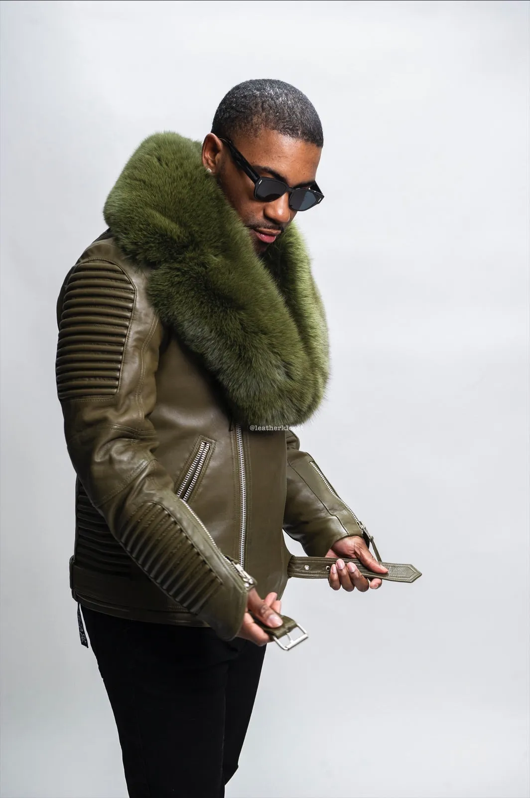 Men's Trey Biker Olive Green Leather Full Fox Fur Collar [Olive Fox]