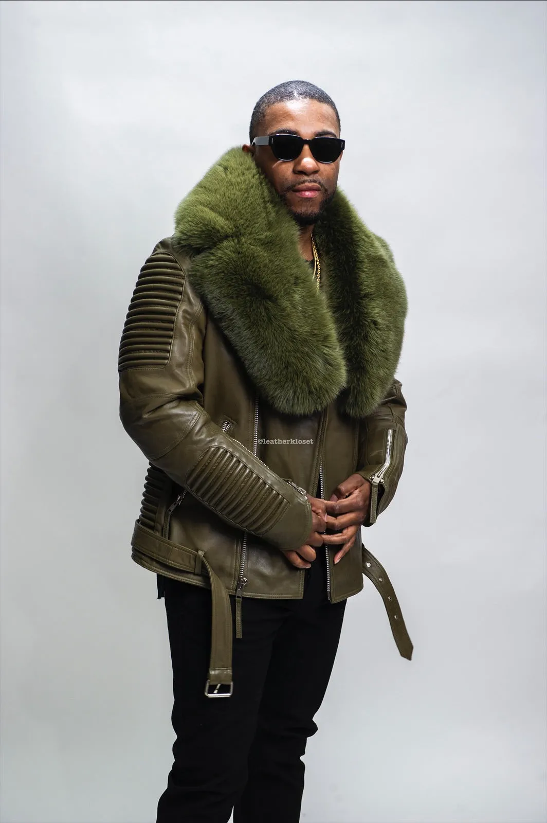 Men's Trey Biker Olive Green Leather Full Fox Fur Collar [Olive Fox]