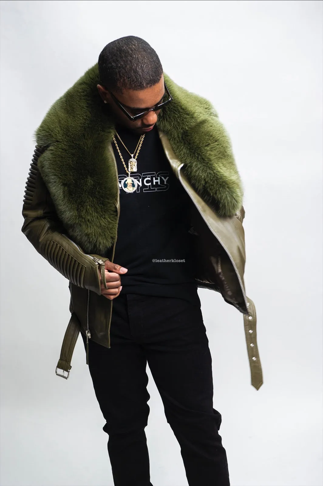 Men's Trey Biker Olive Green Leather Full Fox Fur Collar [Olive Fox]