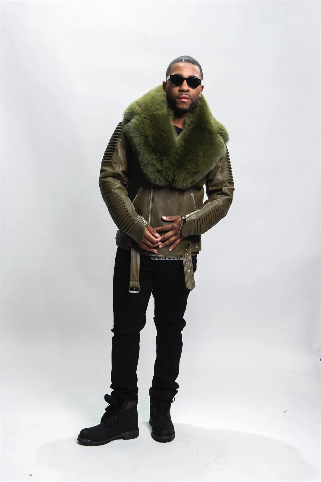 Men's Trey Biker Olive Green Leather Full Fox Fur Collar [Olive Fox]