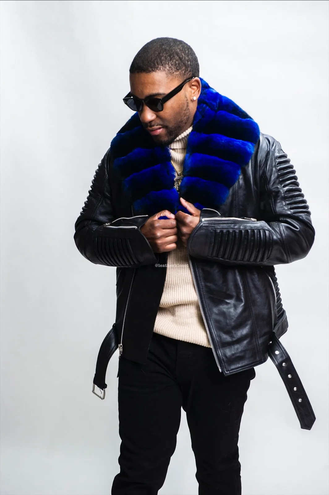 Men's Trey Biker With Real Chinchilla Fur Collar [Blue Chinchilla]