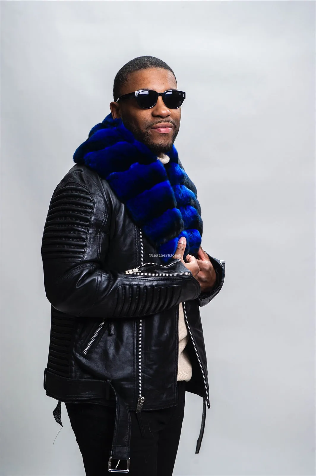 Men's Trey Biker With Real Chinchilla Fur Collar [Blue Chinchilla]