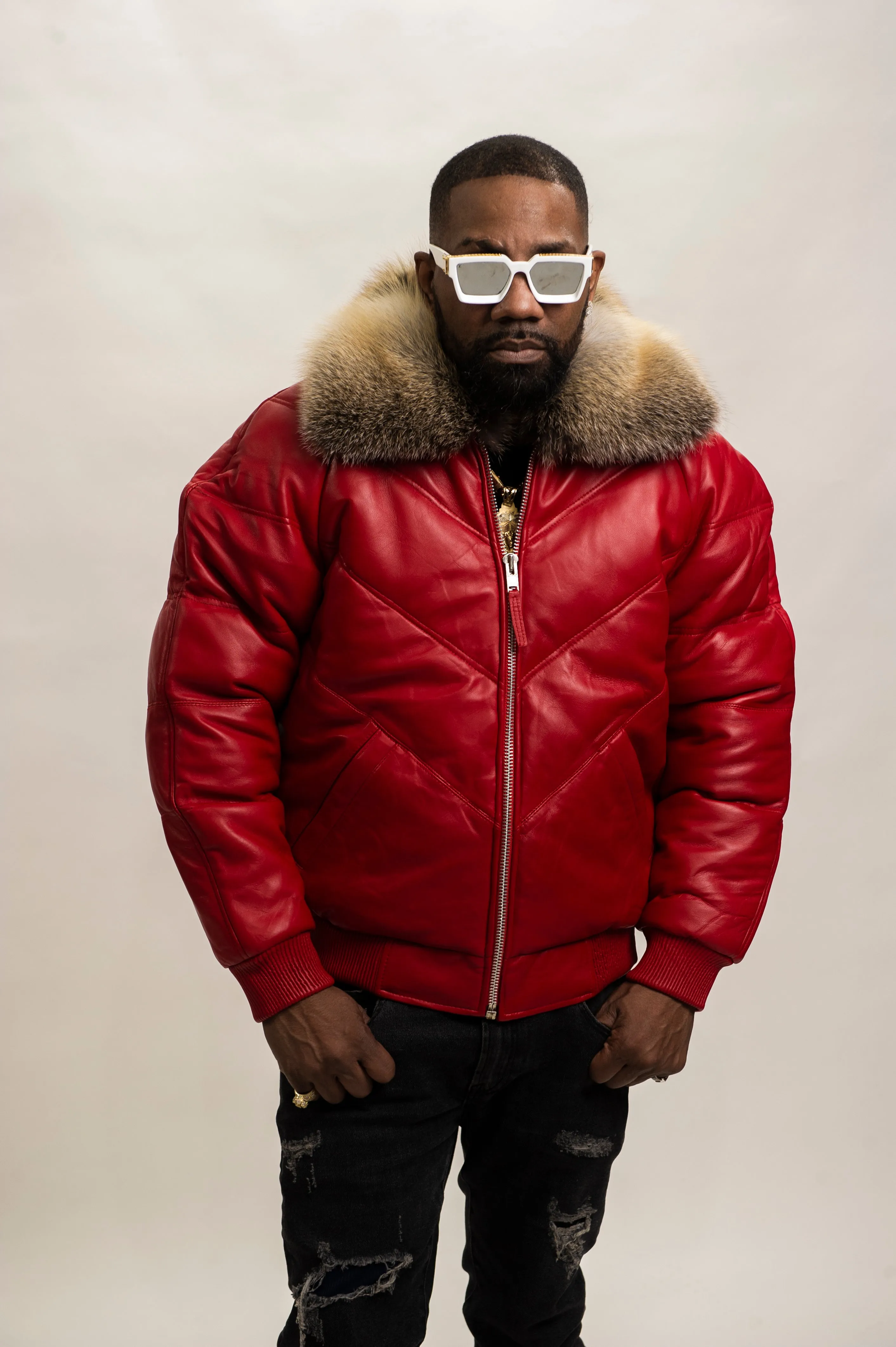 Men's V-Bomber Red Premium Fox Collar [Crystal Fox]