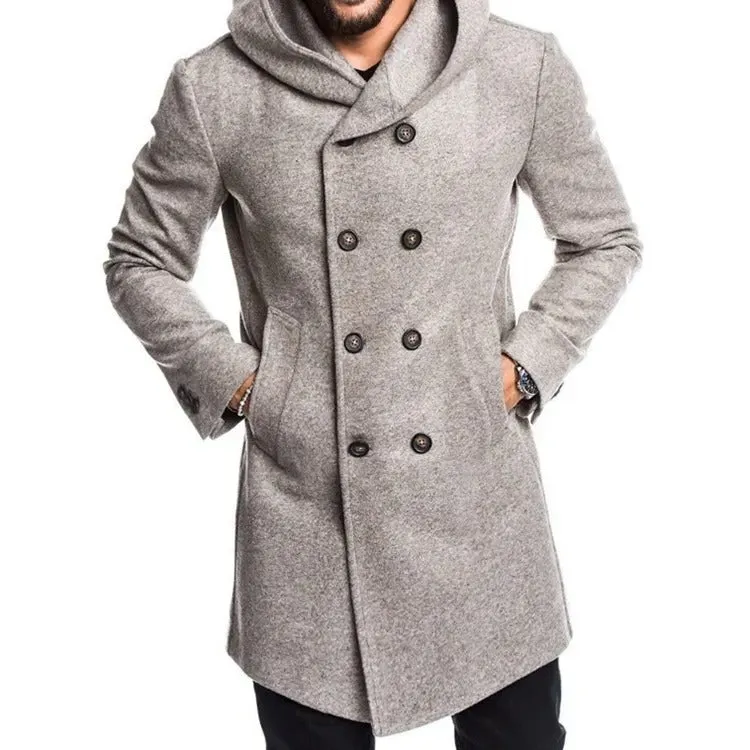 Men's Windproof Long Softshell Hooded Trench Jackets Side Pockets Double Breasted Warm Overcoat | HHN14-1