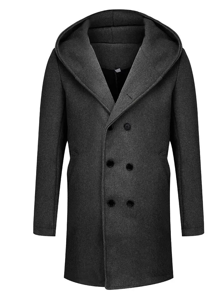 Men's Windproof Long Softshell Hooded Trench Jackets Side Pockets Double Breasted Warm Overcoat | HHN14-1