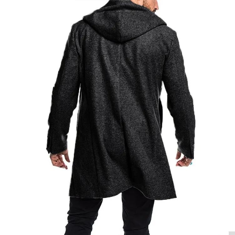 Men's Windproof Long Softshell Hooded Trench Jackets Side Pockets Double Breasted Warm Overcoat | HHN14-1