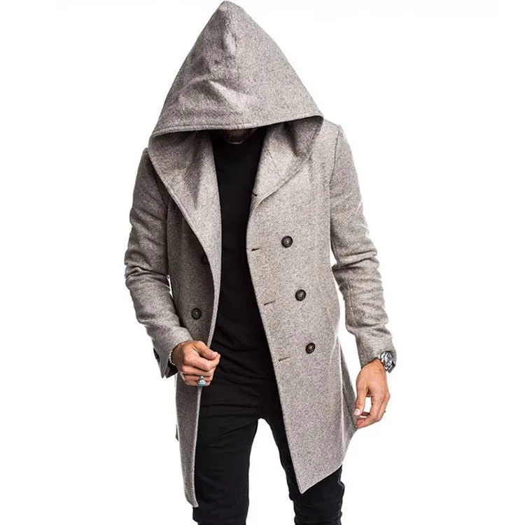 Men's Windproof Long Softshell Hooded Trench Jackets Side Pockets Double Breasted Warm Overcoat | HHN14-1