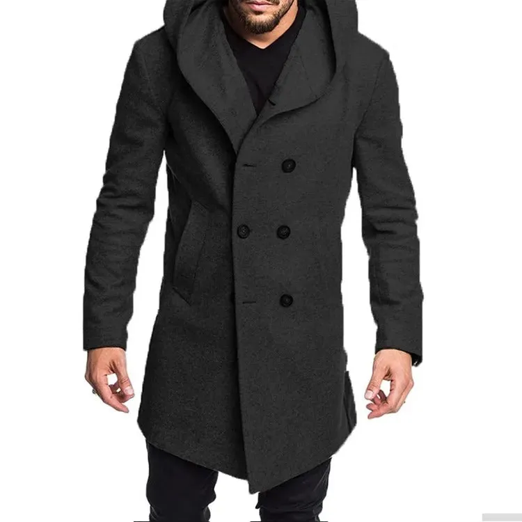 Men's Windproof Long Softshell Hooded Trench Jackets Side Pockets Double Breasted Warm Overcoat | HHN14-1