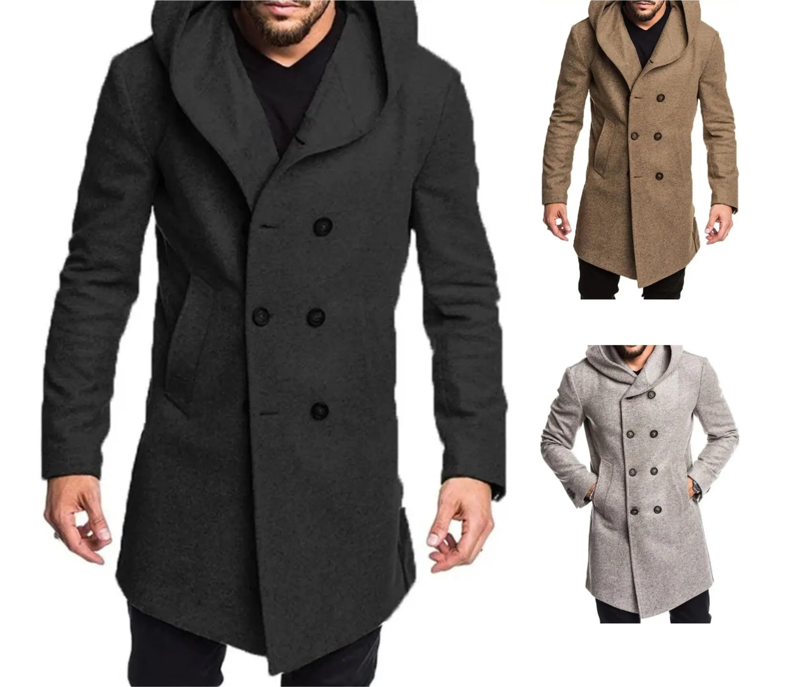 Men's Windproof Long Softshell Hooded Trench Jackets Side Pockets Double Breasted Warm Overcoat | HHN14-1