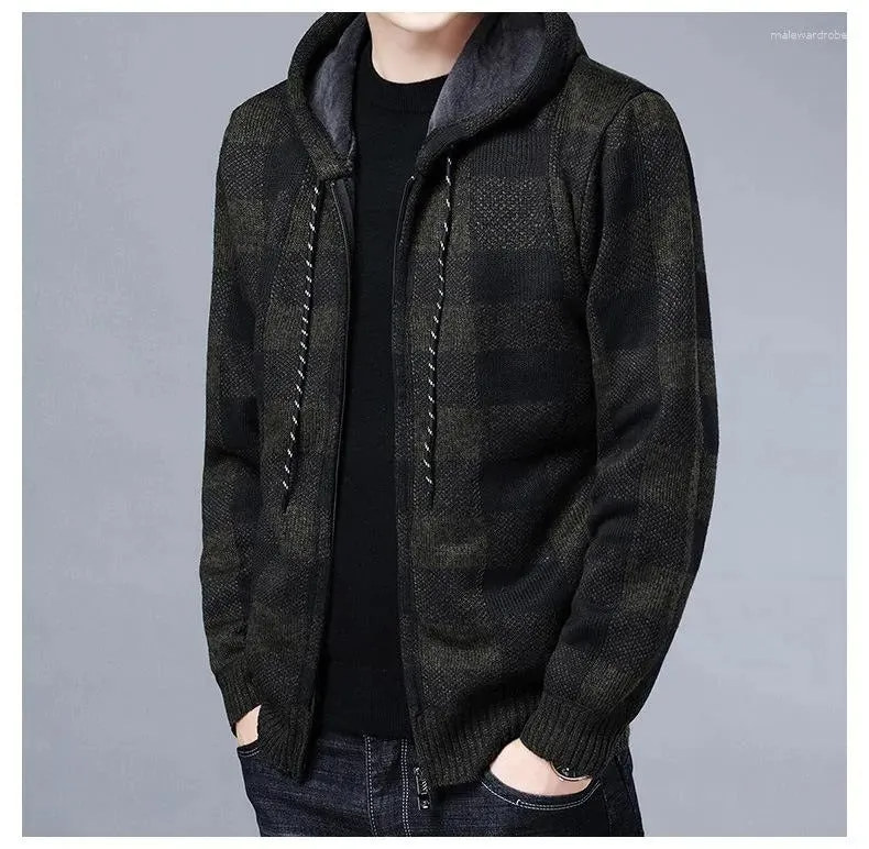 Men's Winter Casual Coat Hooded Knit Outwear Plaid Sweater Full Zipper Cardigan Jackets