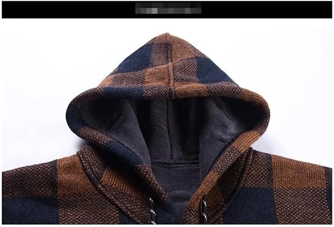 Men's Winter Casual Coat Hooded Knit Outwear Plaid Sweater Full Zipper Cardigan Jackets