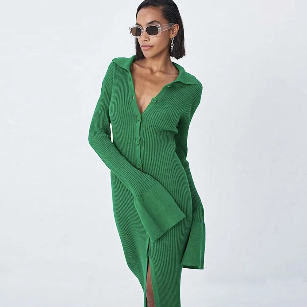 Minimalist Button Front Long Sleeve Collared Bodycon Green Midi Rib Knit Dress