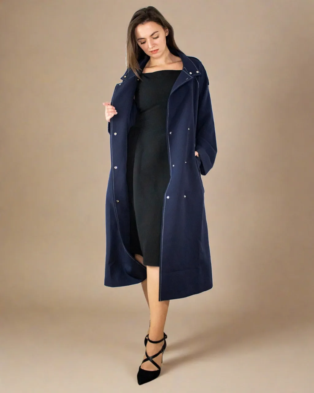 Nola Women Navy Blue Belted Coat - Oversized Trench Coat