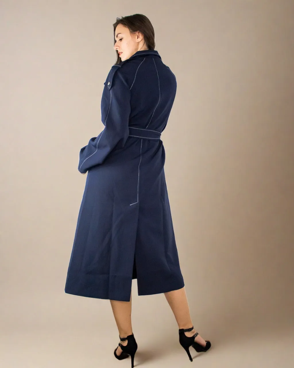 Nola Women Navy Blue Belted Coat - Oversized Trench Coat