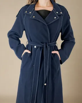 Nola Women Navy Blue Belted Coat - Oversized Trench Coat