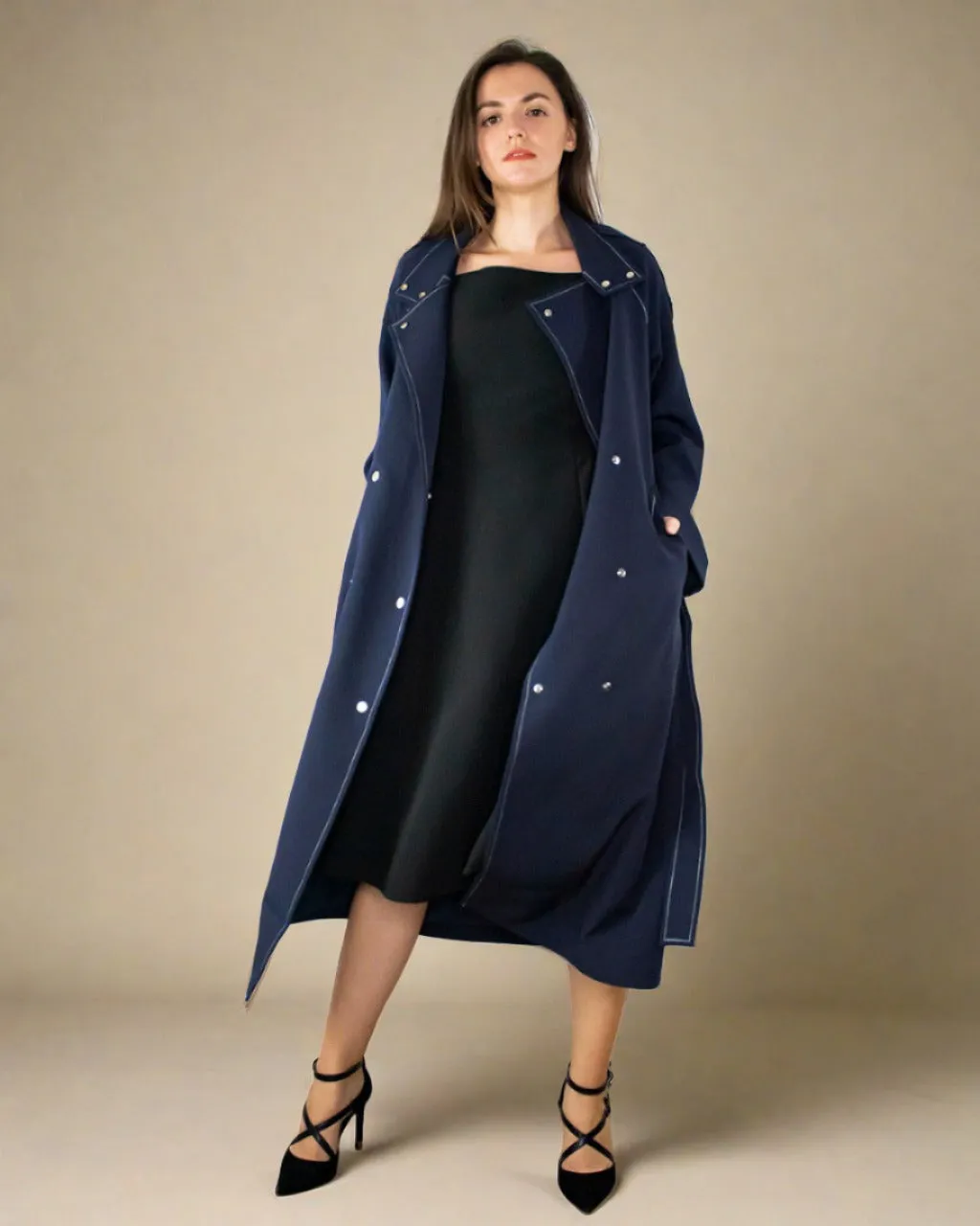 Nola Women Navy Blue Belted Coat - Oversized Trench Coat