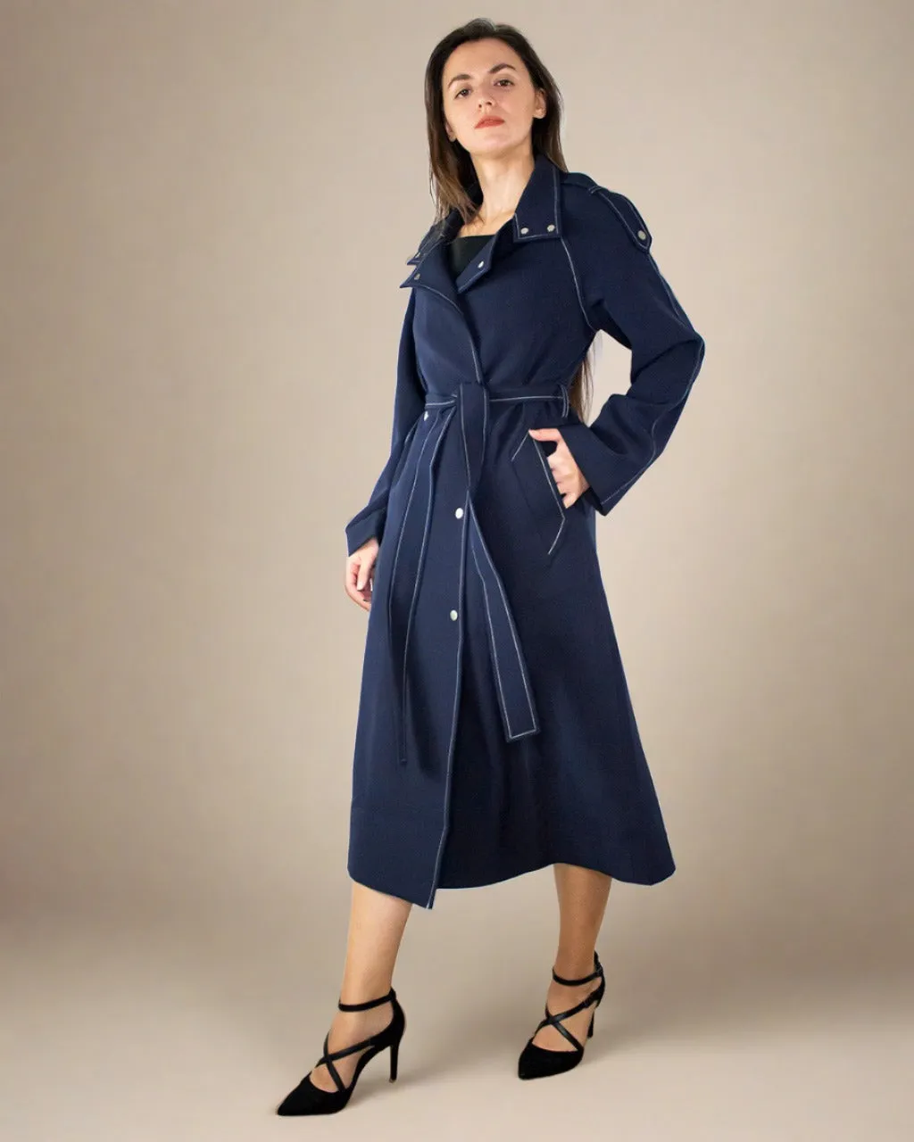 Nola Women Navy Blue Belted Coat - Oversized Trench Coat