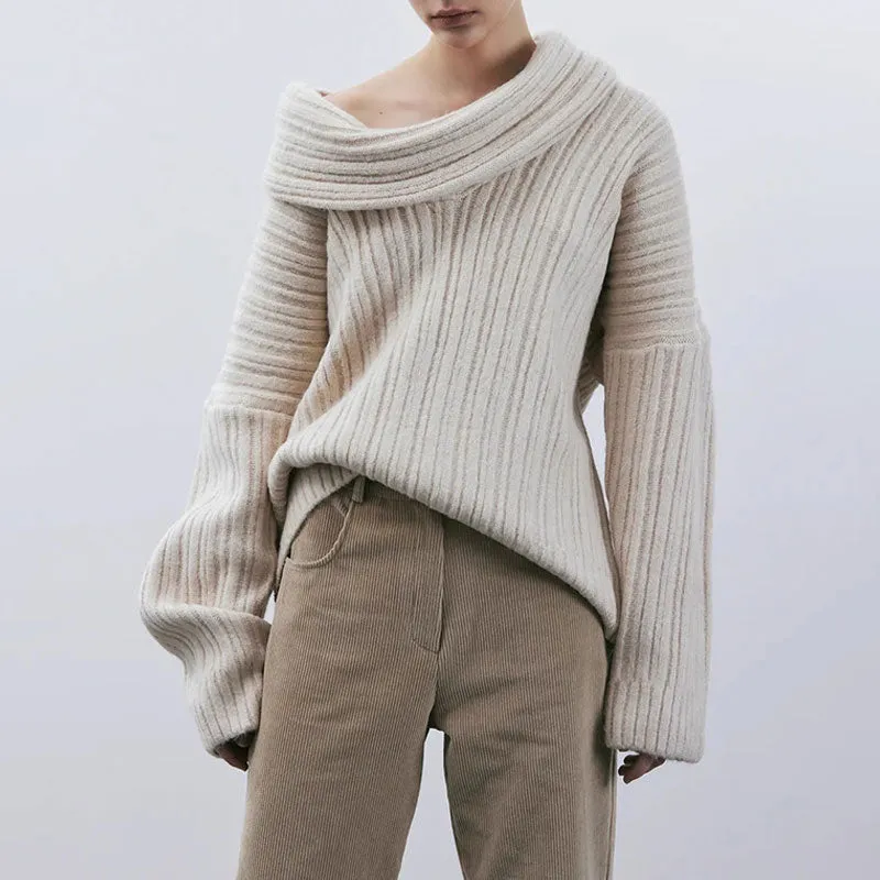 Oversized Funnel Neck Drop Shoulder Long Sleeve Chunky Knit Pullover Sweater