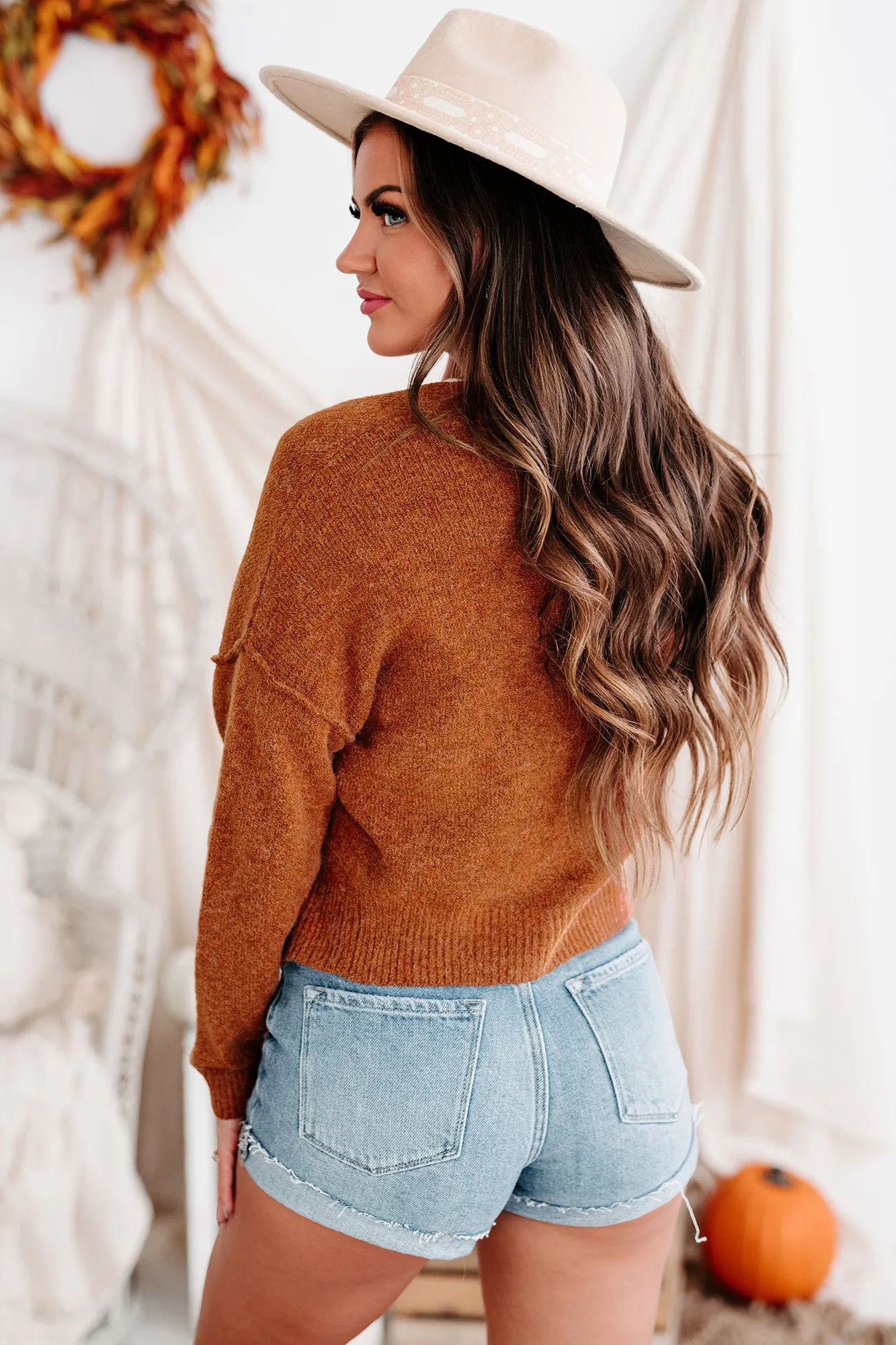 "Picked The Best One" Cropped Button-Front Sweater (Burnt Orange)