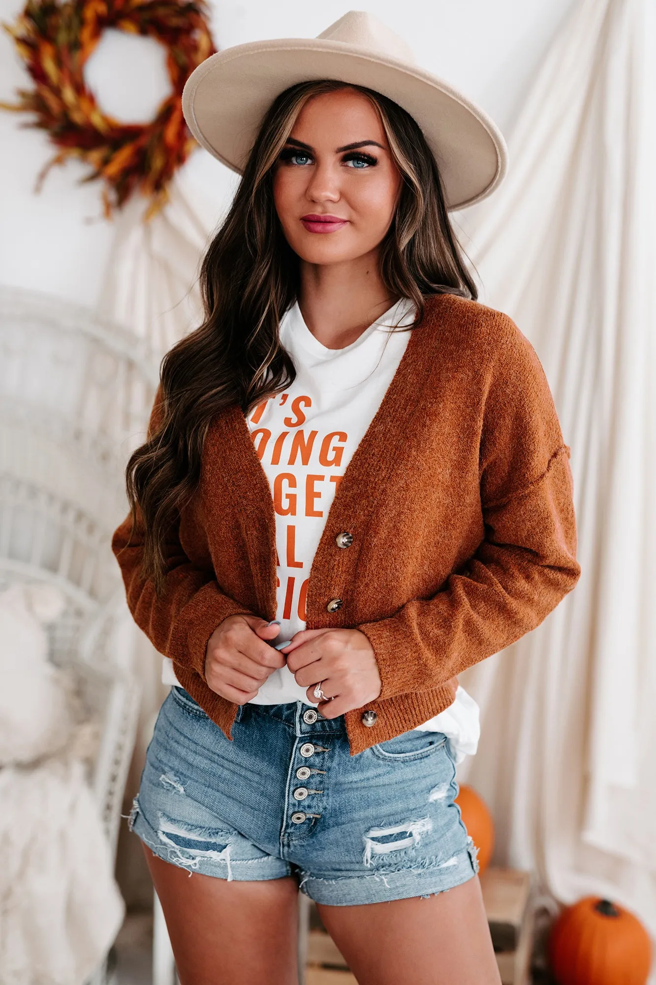 "Picked The Best One" Cropped Button-Front Sweater (Burnt Orange)