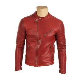 Red moto style jacket with stitching pattern