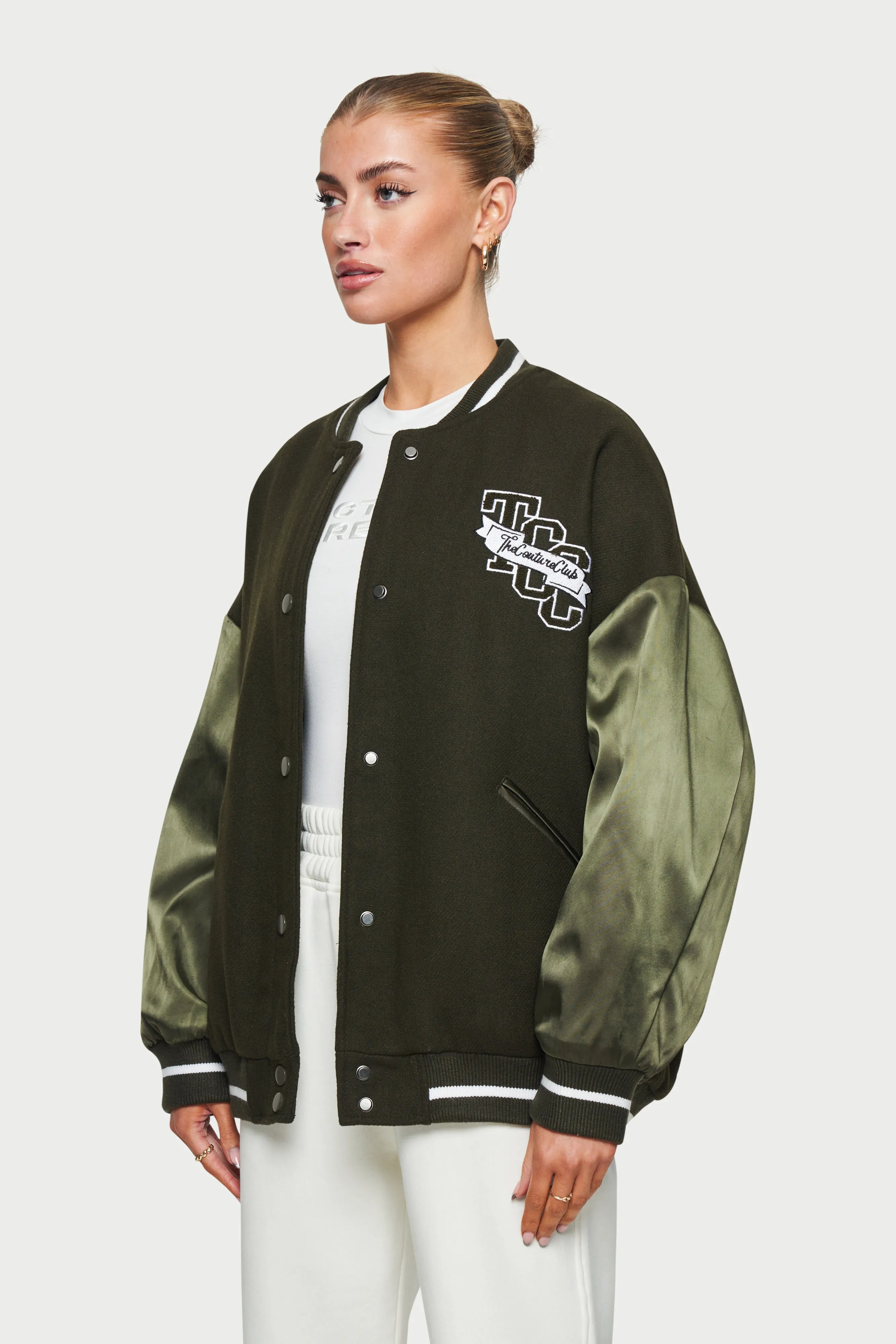 SATIN SLEEVE OVERSIZED VARSITY JACKET - KHAKI