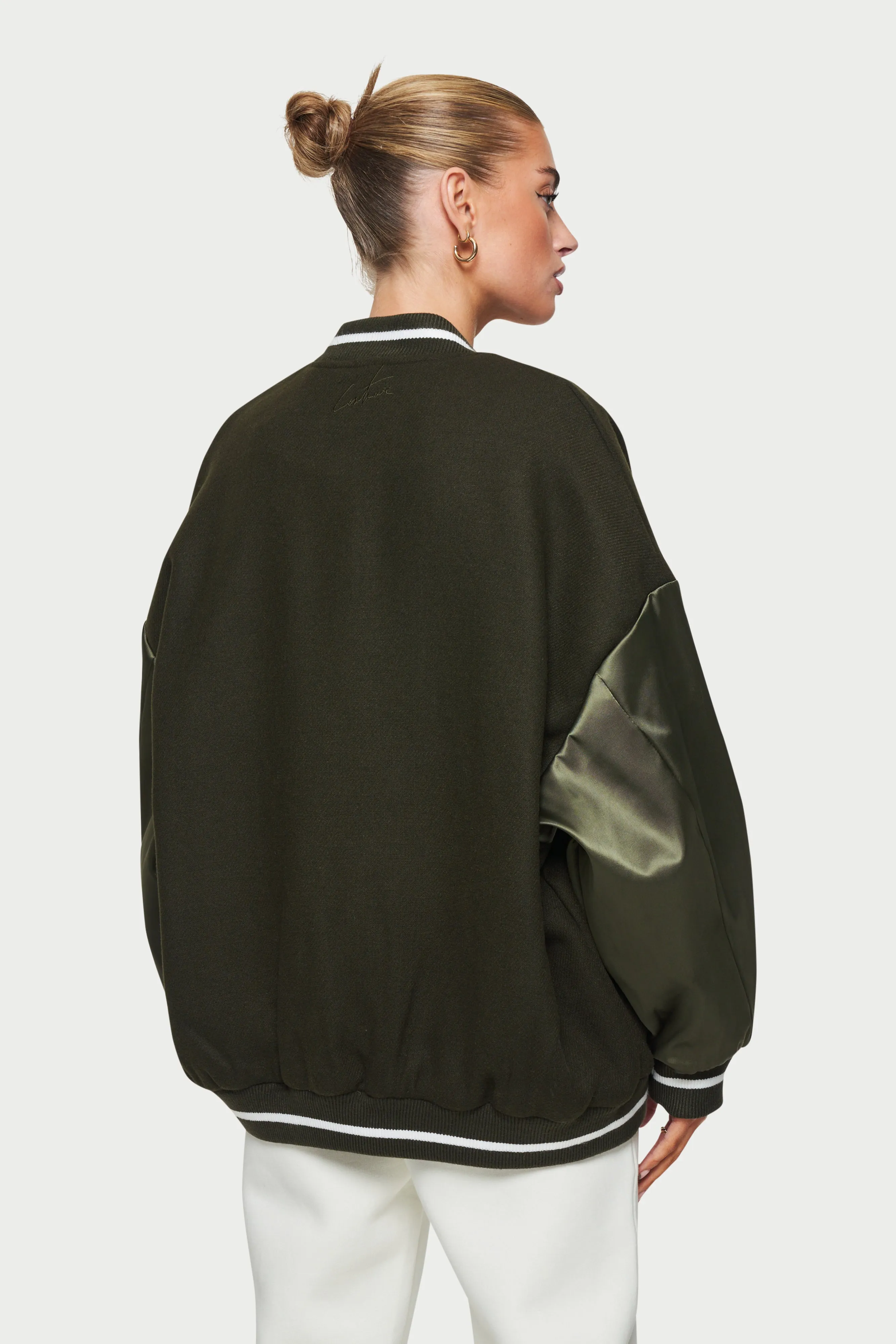 SATIN SLEEVE OVERSIZED VARSITY JACKET - KHAKI