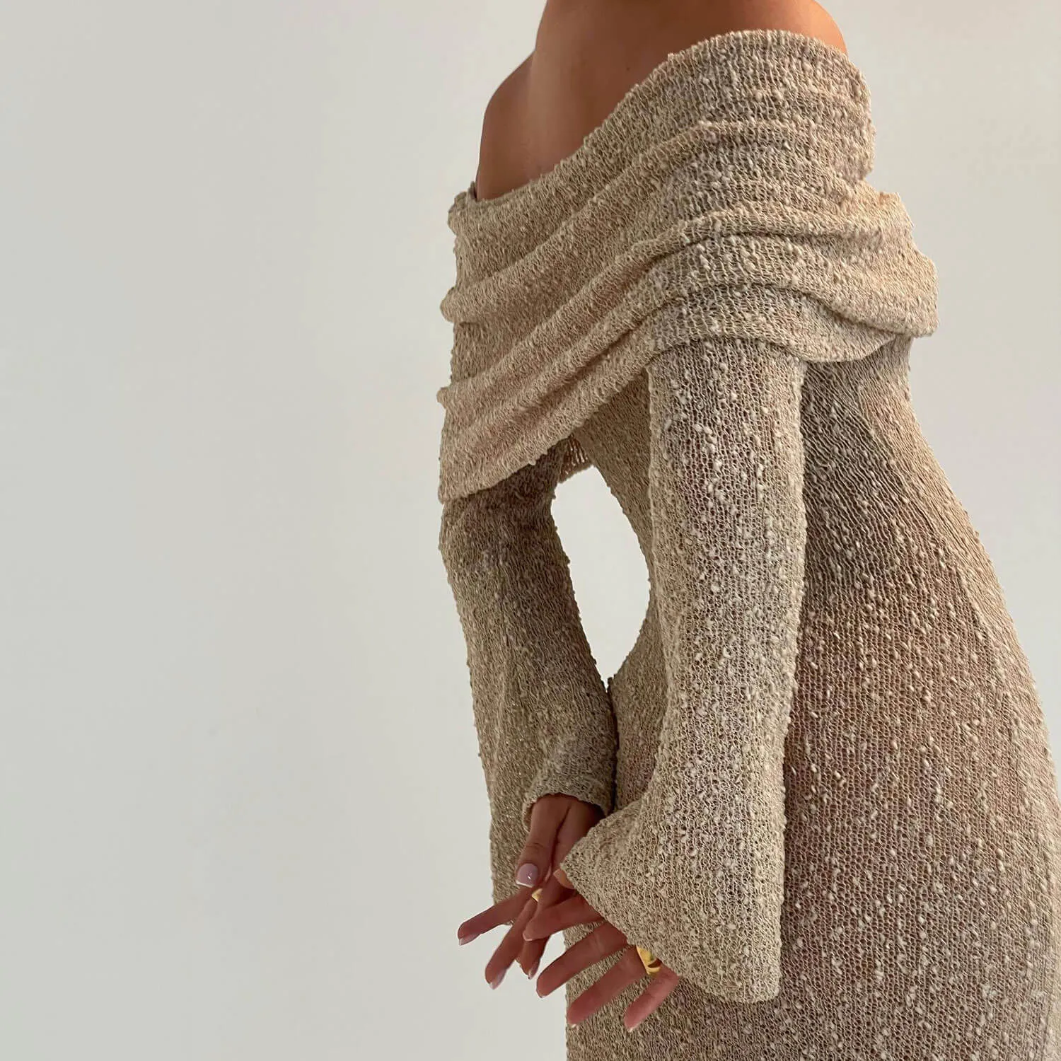 Sexy Draped Off The Shoulder Sheer Popcorn Boucle Knit Sweater Maxi Dress