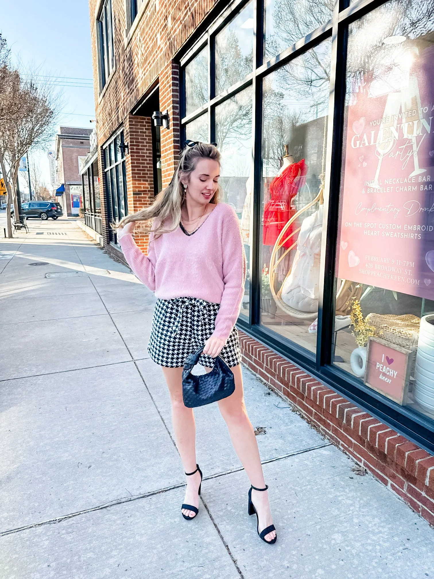 Soft Pink Sweater with Black Lace Trim