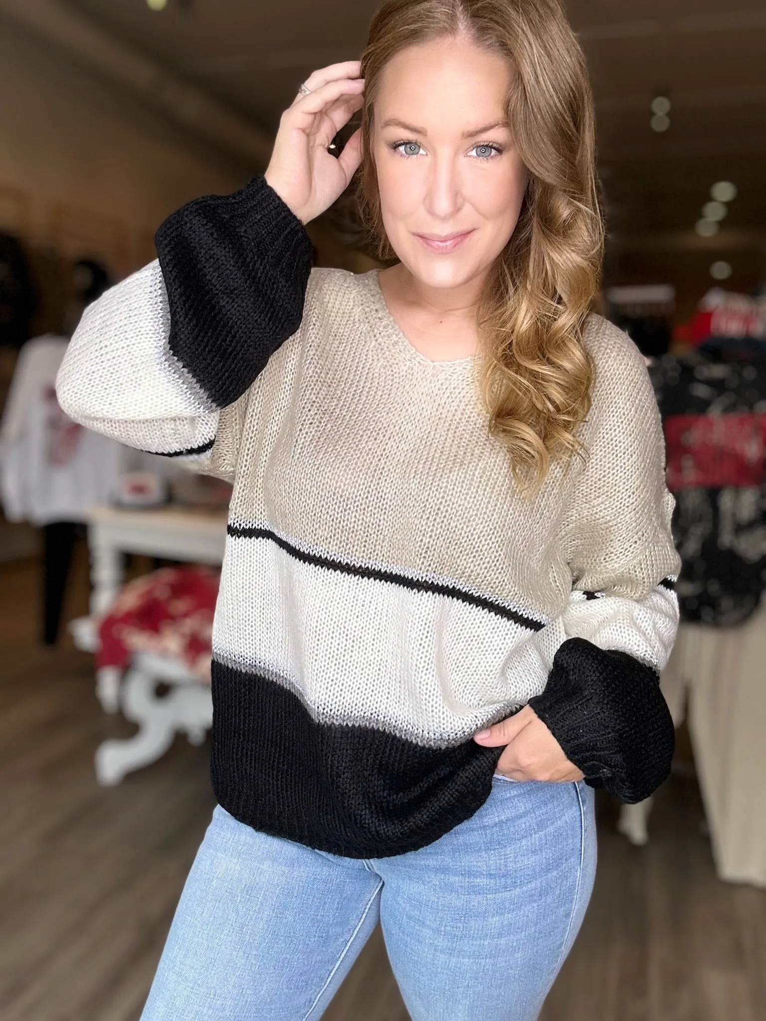 Taupe Color Block Knit Sweater