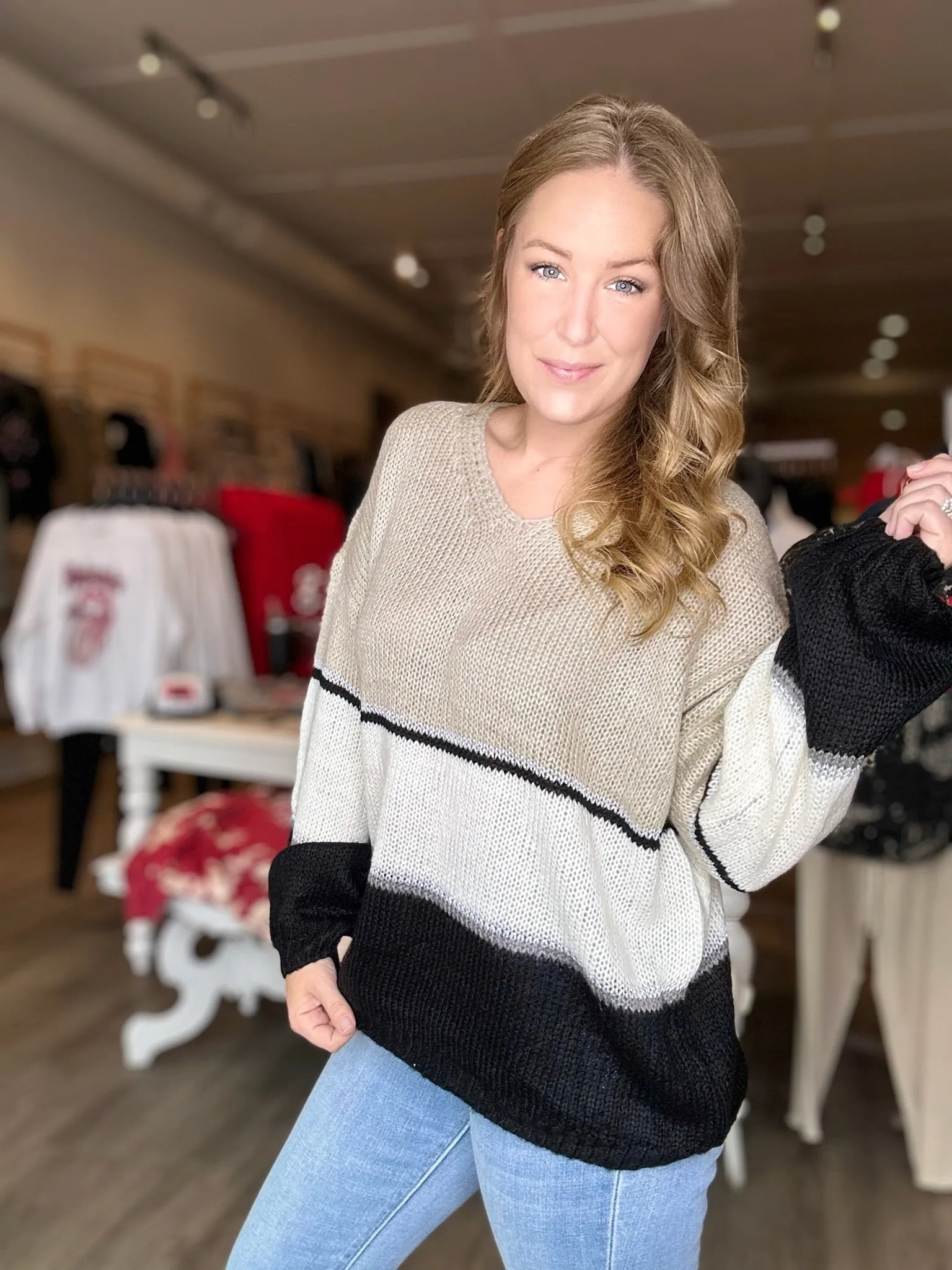 Taupe Color Block Knit Sweater