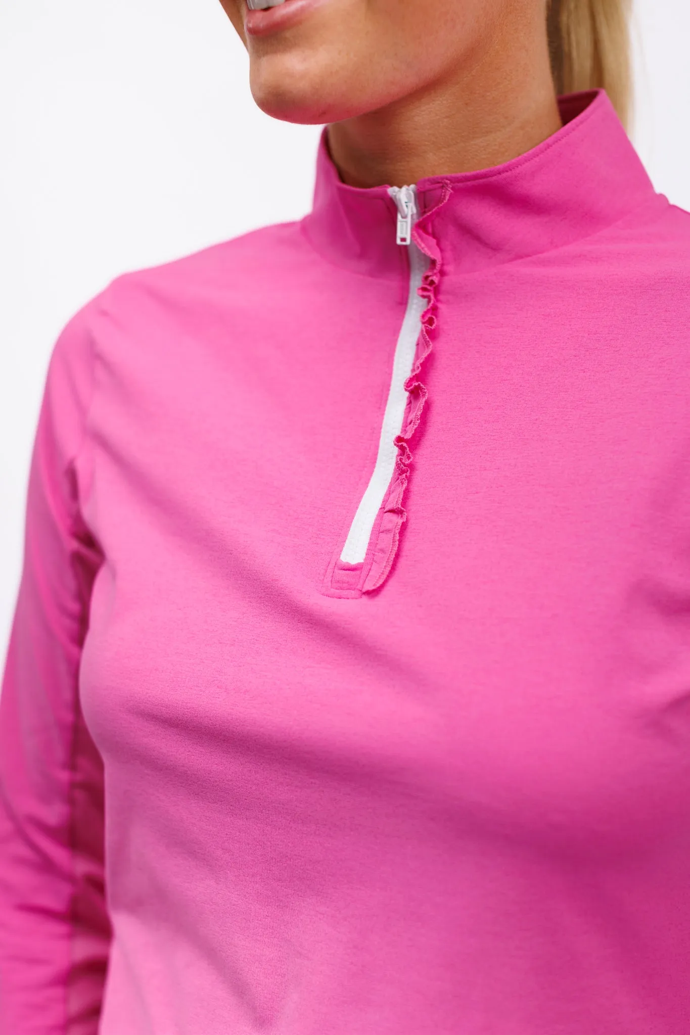 The Ava 1/4 Zip with Ruffle - Bright Pink