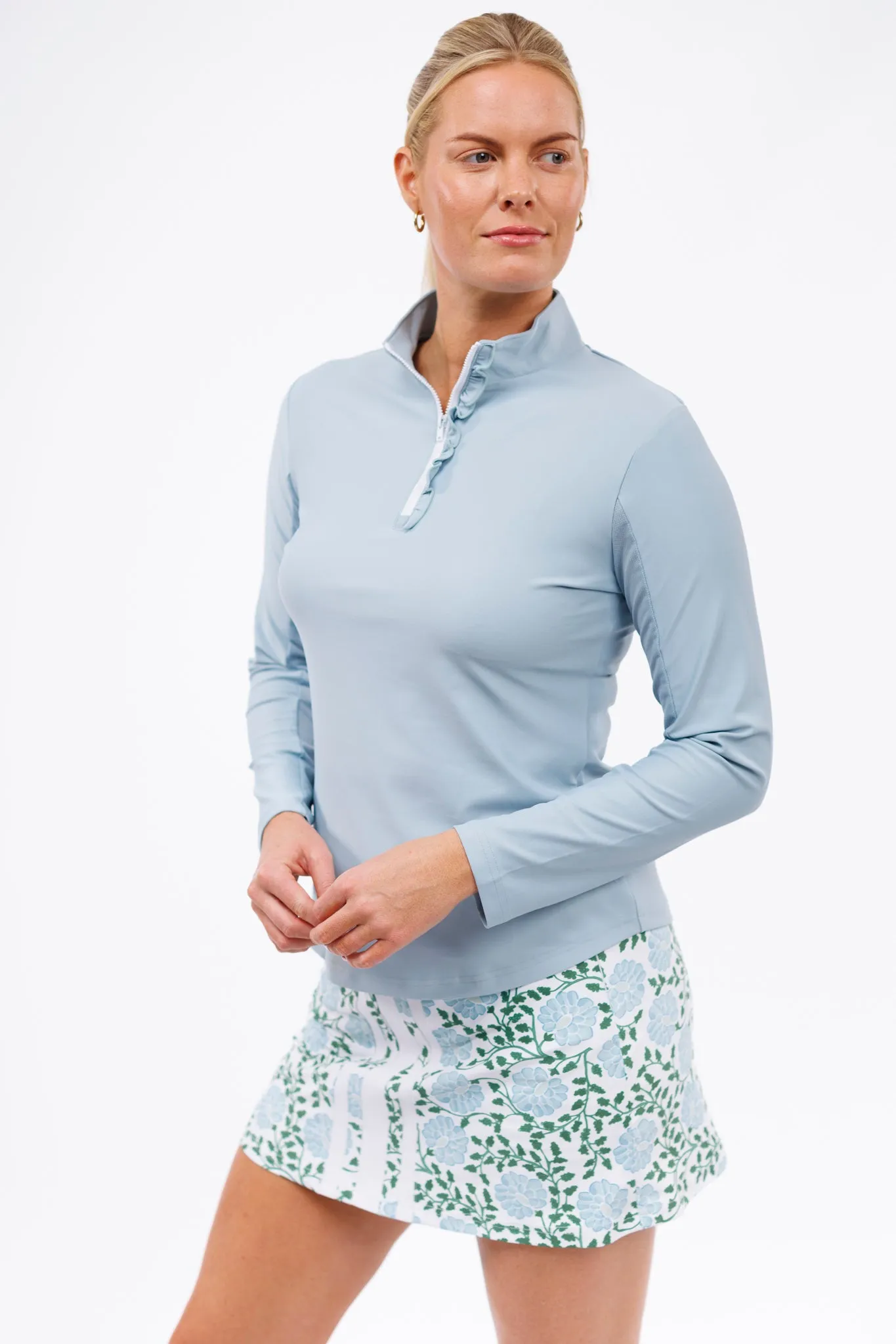 The Ava 1/4 Zip with Ruffle - Dusty Blue