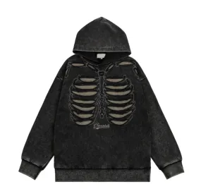 VANCARHELL Skeleton Ribcage Acid Wash Hoodie