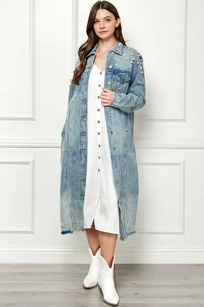 Veveret, Distressed Raw Hem Pearl Detail Button Up Jacket