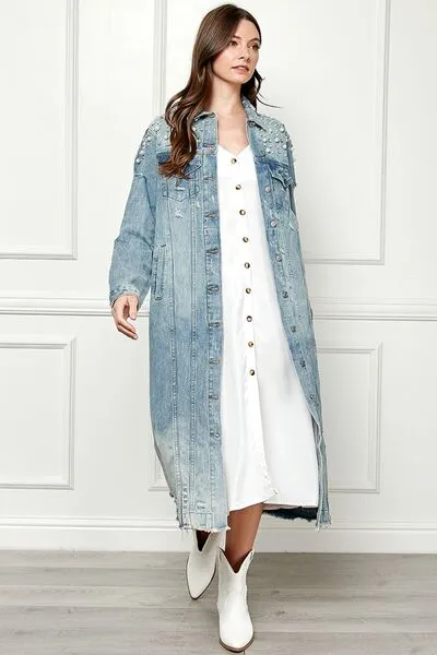 Veveret, Distressed Raw Hem Pearl Detail Button Up Jacket