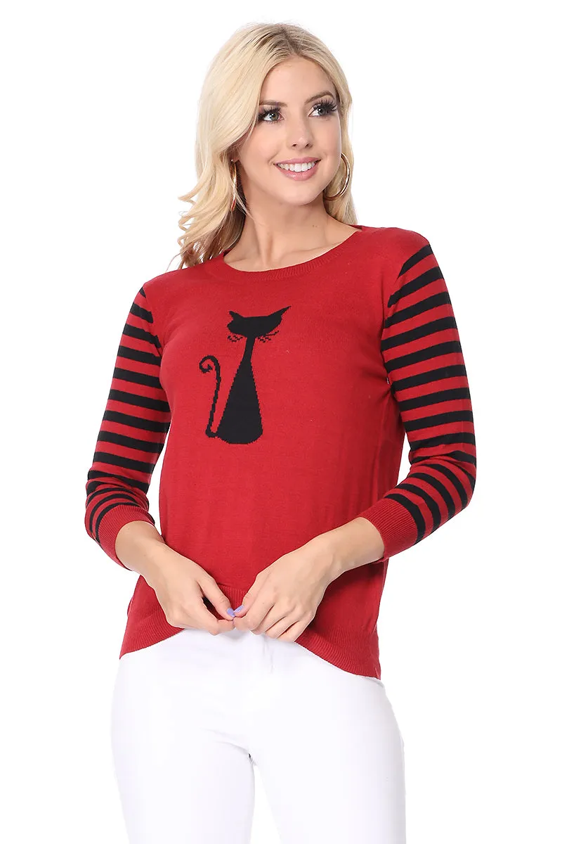 Yemak Women's 3/4 Striped Sleeve Round Neck Cat Design Knitted Sweater Pullover MK8249