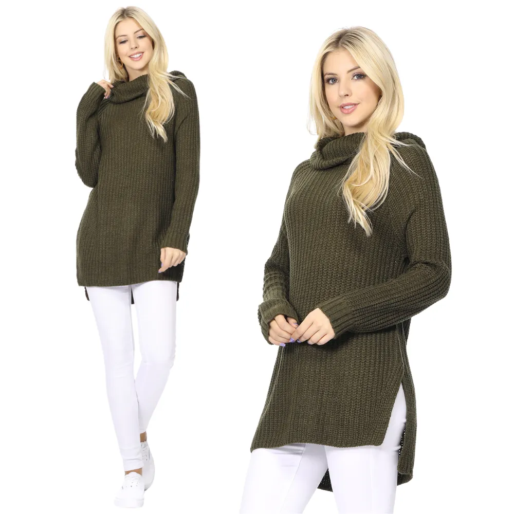 YEMAK Women's Casual Textured Long Sleeve Turtleneck Pullover Tunic Sweater MK3660 (S-L)