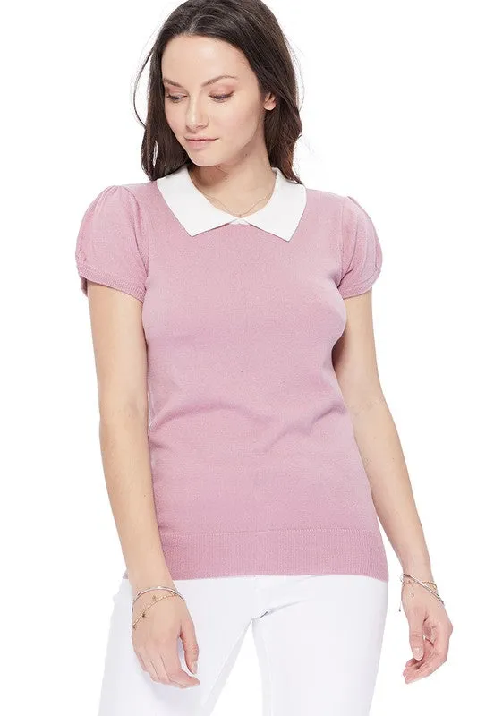 YEMAK Women's Classic Contrast Collar Short Sleeve Knit Pullover Sweater MK3591