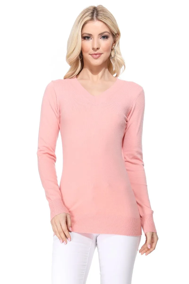 YEMAK Women's Long Sleeve V-Neck Basic Soft Knit T-Shirt Pullover Sweater MK5501 (S-XL)