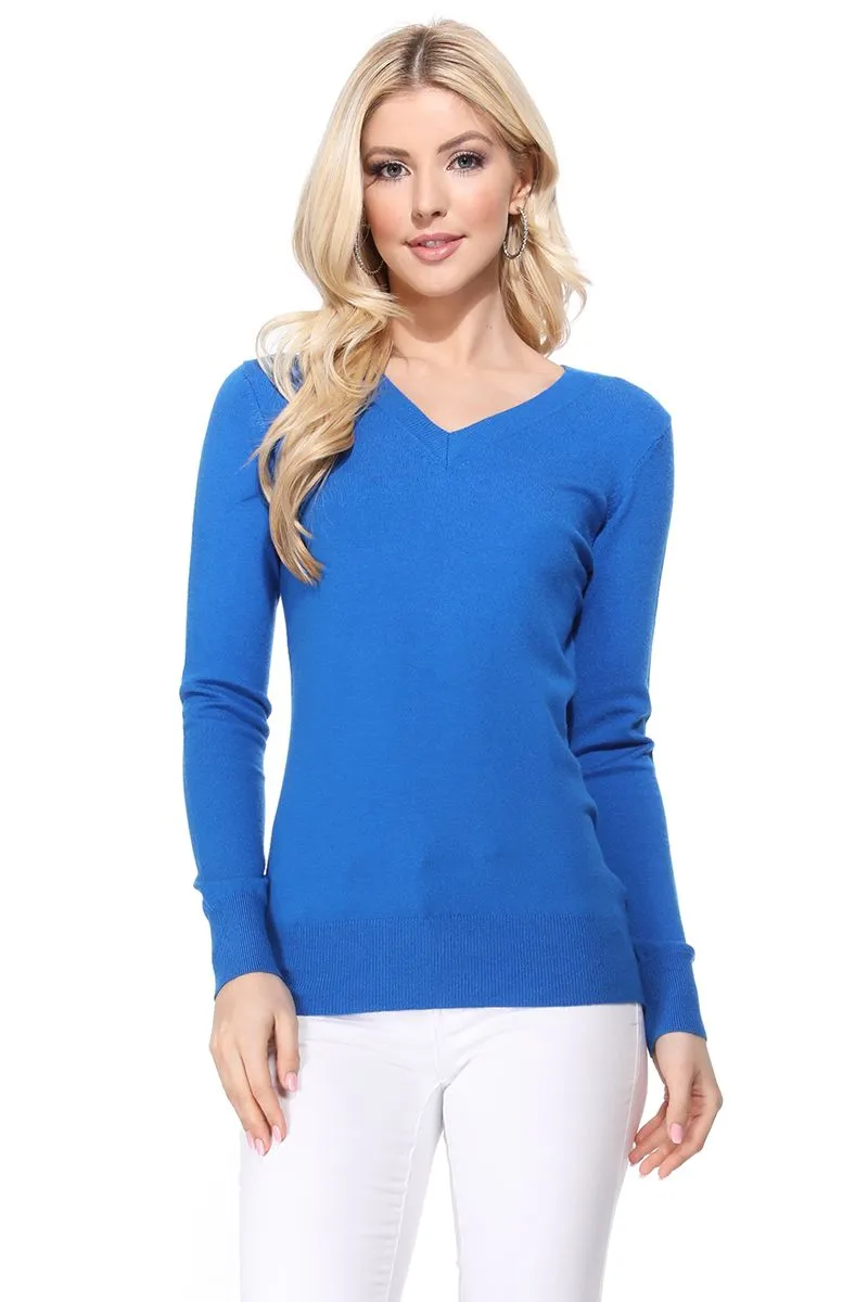 YEMAK Women's Long Sleeve V-Neck Basic Soft Knit T-Shirt Pullover Sweater MK5501 (S-XL)